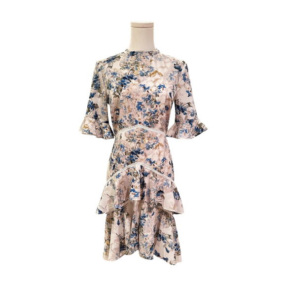 Hope & Ivy Ivory Blue Floral Open Back Tiered Ruffle Dress Size 8 Coquette - Picture 1 of 14